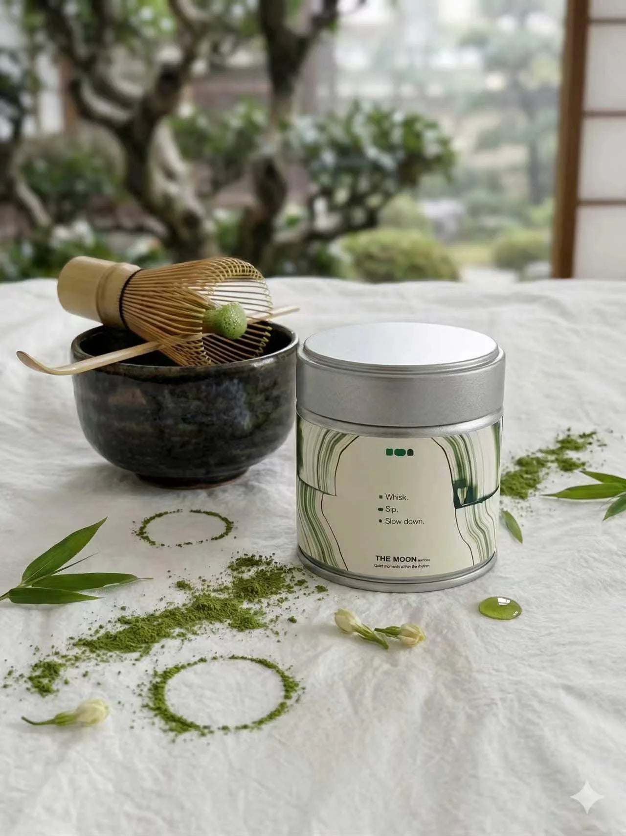 Matcha whisk, bowl, and The Moon matcha tin