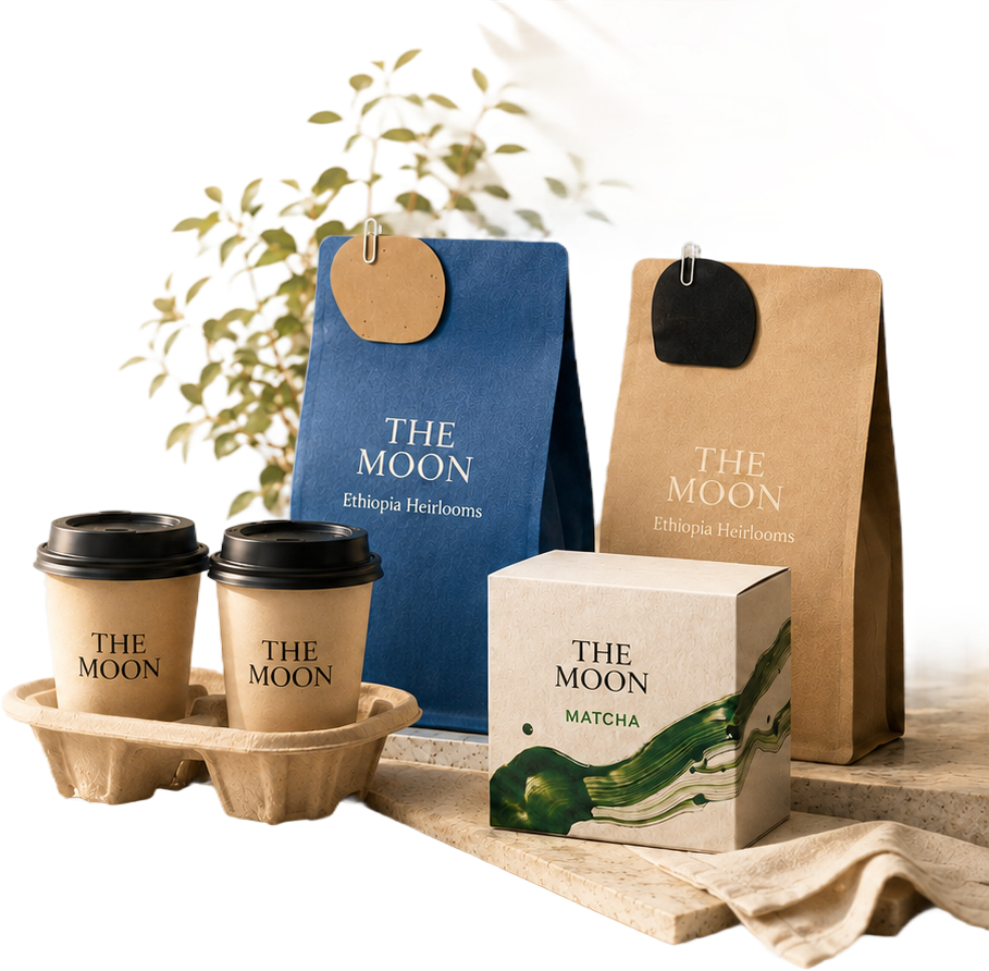 The Moon coffee, matcha, and takeout packaging